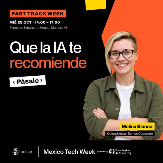 Portada del taller Que la IA te recomiende: agentes de IA para SEO, GEO y AEO con Melina Blanco, Cofundadora · Somos Camaleón