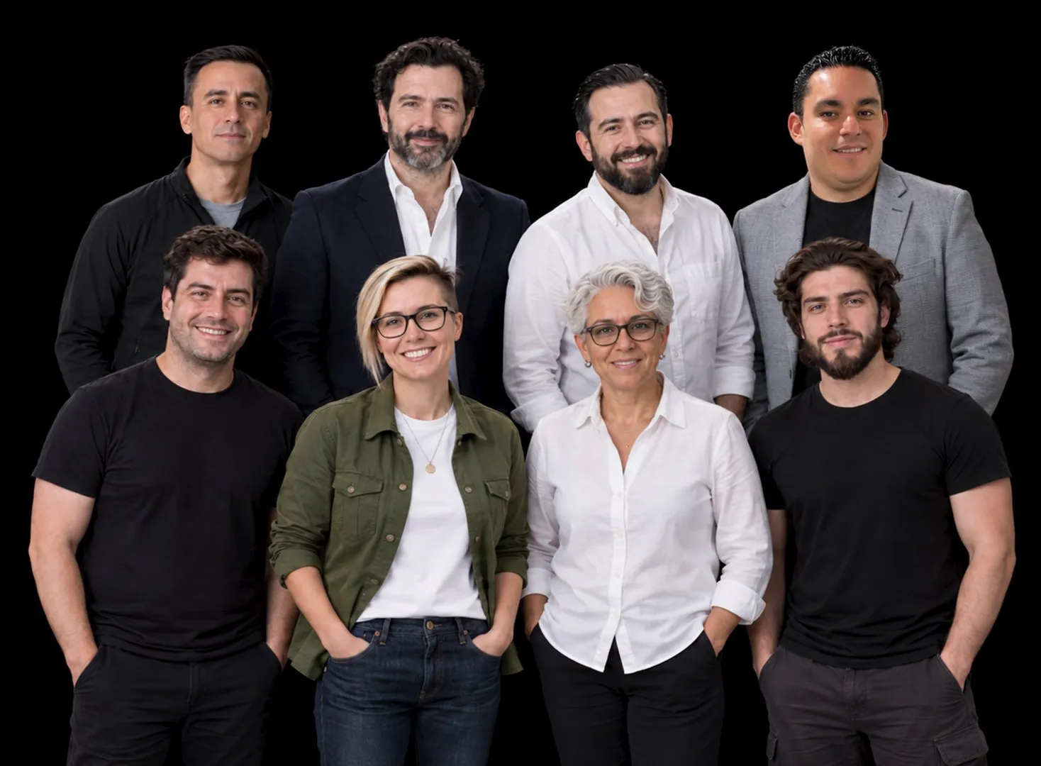 Los 8 speakers de Fast Track Week juntos, de pie y con los brazos cruzados